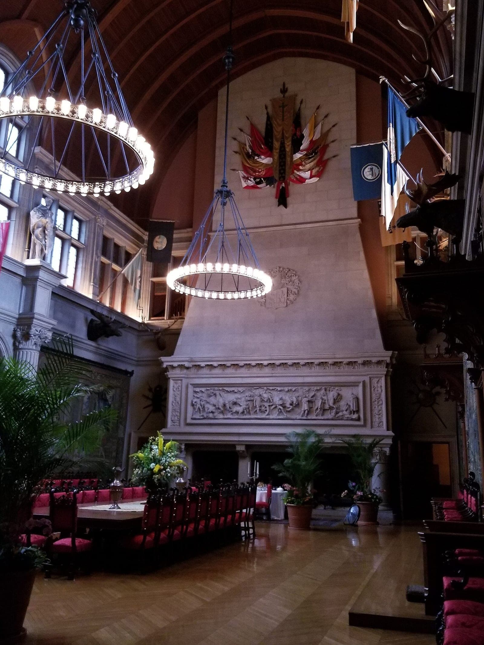 Vaulted ballroom with chandeliers