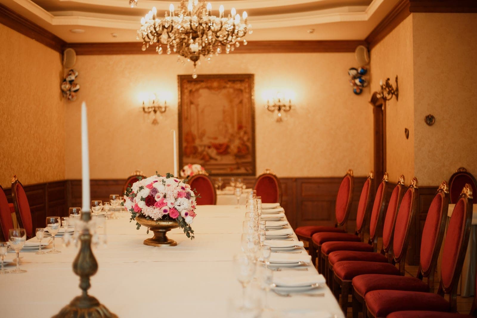 Elegant banquet hall with velvet seating